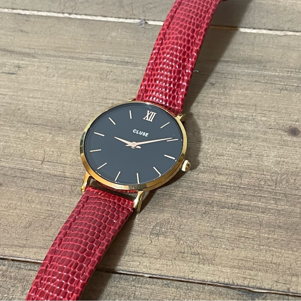 Cluse Boho Chic black with rose gold and red leather strap